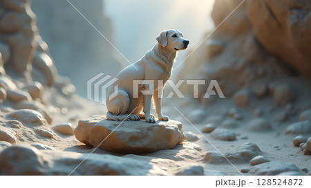 Majestic labrador retriever sitting on a rock in a canyon landscape enjoying the breathtaking scenic view 128524872