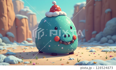 A whimsical holiday scene featuring a cute cartoon pig adorned with festive hat in a snow-covered landscape A whimsical holiday scene featuring a cute cartoon pig adorned with festive hat in a snow-covered landscape 128524873