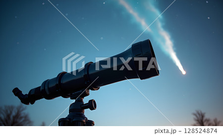Telescope points toward the night sky observing an astral phenomenon like a comet or meteor shower observation 128524874