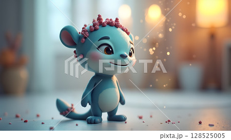Charming blue cartoon mouse with rosy cheeks in a softly lit cozy room illustration scene 128525005
