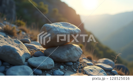 Zenith rocks at scenic sunset viewpoint showcasing peaceful nature and balance stones arrangement 128525016