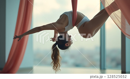 Woman gracefully inverting performing aerial yoga in front of large windows overlooking the city skyline creates serenity Woman gracefully inverting performing aerial yoga in front of large windows overlooking the city skyline creates serenity 128525032