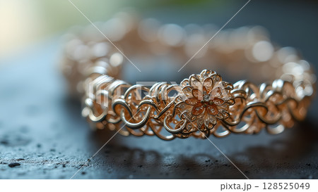 Elegant golden bracelet with intricate floral design showcased on a textured dark surface jewelry Elegant golden bracelet with intricate floral design showcased on a textured dark surface jewelry 128525049