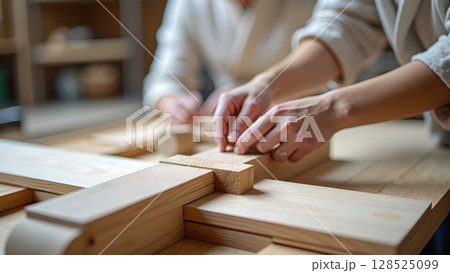 Creating intricate wooden structures with hands on craftmanship and expertise in woodworking techniques is demonstrated 128525099