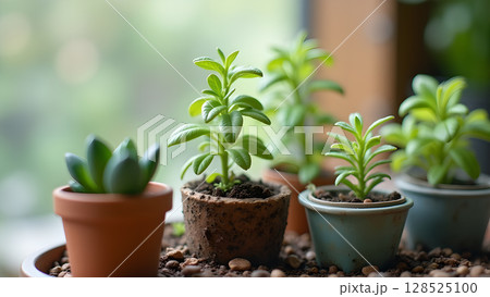 Assortment of small potted plants arranged on a surface near a blurred background showcasing greenery 128525100