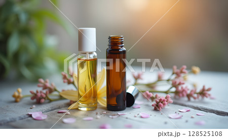 Elegant aromatherapy display featuring essential oil bottles, delicate flowers, and soft, natural lighting, offering a serene wellness experience Elegant aromatherapy display featuring essential oil bottles, delicate flowers, and soft, natural lighting, offering a serene wellness experience 128525108