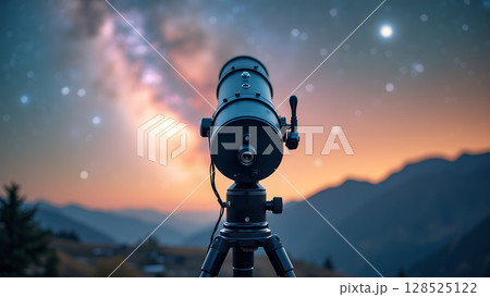 Exploring the Cosmos: Telescope Pointing at the Starry Night Sky with Mountains Backdrop Exploring the Cosmos: Telescope Pointing at the Starry Night Sky with Mountains Backdrop 128525122