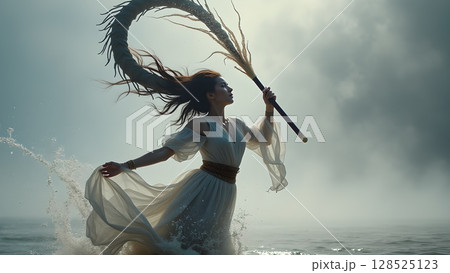 Empowered woman emerges from the ocean mist holding a mystical staff with flowing hair and dress the embodiment of strength 128525123