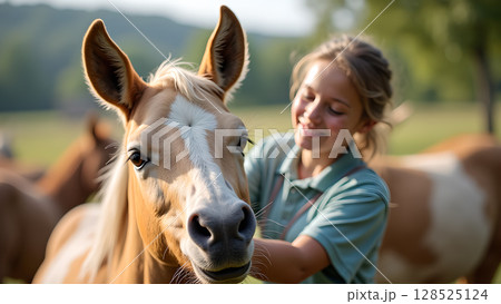 A beautiful day at the farm where a woman is petting a palomino horse with affection and tenderness in the sunlight A beautiful day at the farm where a woman is petting a palomino horse with affection and tenderness in the sunlight 128525124