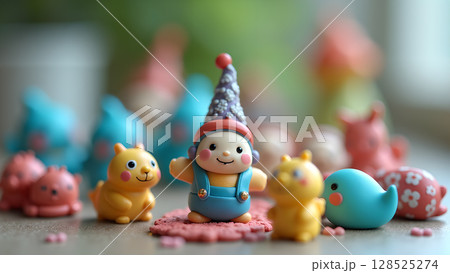 Whimsical group of colorful miniature toys featuring a smiling gnome and animal figures Whimsical group of colorful miniature toys featuring a smiling gnome and animal figures 128525274