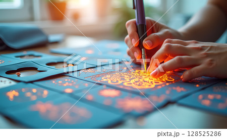 Woman's hands meticulously creating intricate glowing designs on blue cards for crafting project at home 128525286