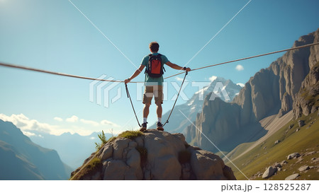 A daring hiker traverses a high mountain slackline with snowy peaks in the distance and bright blue sky A daring hiker traverses a high mountain slackline with snowy peaks in the distance and bright blue sky 128525287
