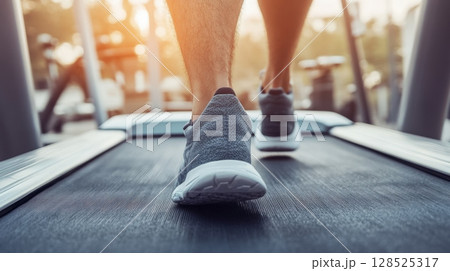 CloseUp of Feet in Athletic Shoes on a Treadmill in the Gym CloseUp of Feet in Athletic Shoes on a Treadmill in the Gym 128525317