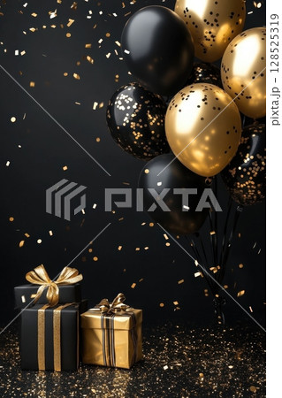 Celebration on Black Background with Black and Gold Balloons 128525319