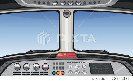 Airplane Cockpit View with Control Panel Illustration 128525381
