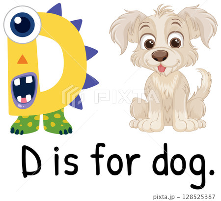 Playful Alphabet Illustration with Dog and Letter D 128525387
