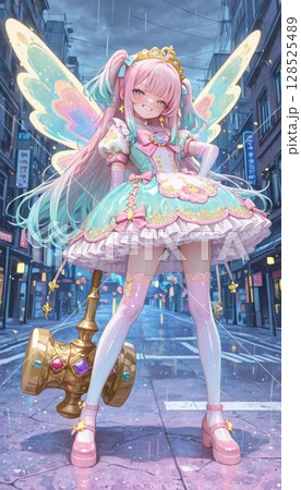 Adorable Pink-Haired Anime Fairy Girl with Golden Hammer 128525489