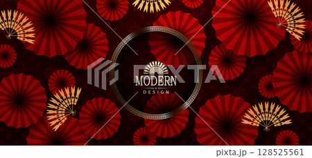 Exquisite dark red card with Chinese fan and isolated figured frame Exquisite dark red card with Chinese fan and isolated figured frame 128525561