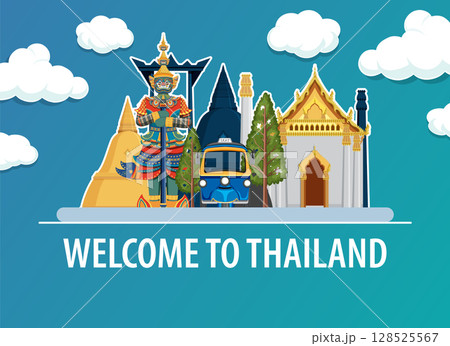 Thailand Landmarks Vector Illustration with Tuk-Tuk Thailand Landmarks Vector Illustration with Tuk-Tuk 128525567