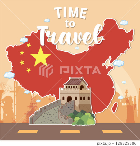 China Travel Illustration with Great Wall and Map 128525586