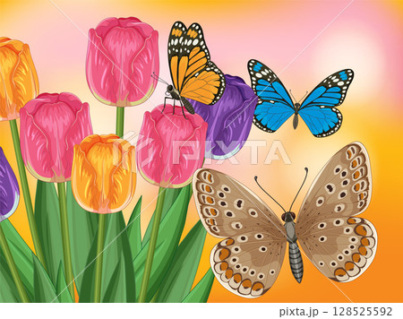 Vibrant Butterflies and Tulips in Springtime 128525592