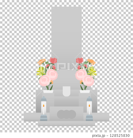 お花が添えられたシンプルなお墓のイラスト 128525830