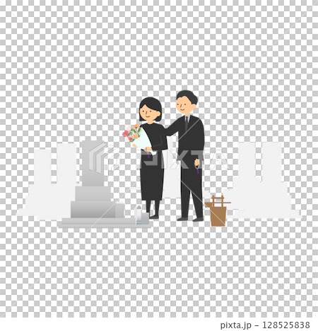 お墓参りをする男女のイラスト 128525838
