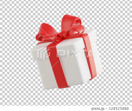 3D rendering White gift box with a red bow. A stylized icon perfect for holiday, birthday, or Christmas. Ideal for greeting cards and promotional materials. 128525880