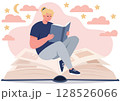 A reading lover reads a book while sitting on the pages of a huge book 128526066