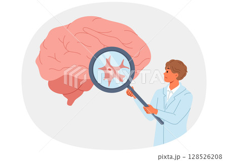 Neurosurgeon doctor examines patient large brain for signs of malignancy or alzheimer symptoms 128526208