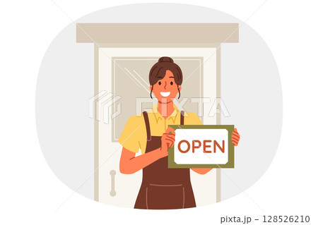 Woman waiter shows inscription open standing near door of restaurant and inviting to become visitor Woman waiter shows inscription open standing near door of restaurant and inviting to become visitor 128526210