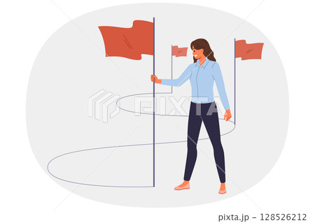 Business woman walks path to success and inserts winner flags on way to achieving professional goals Business woman walks path to success and inserts winner flags on way to achieving professional goals 128526212