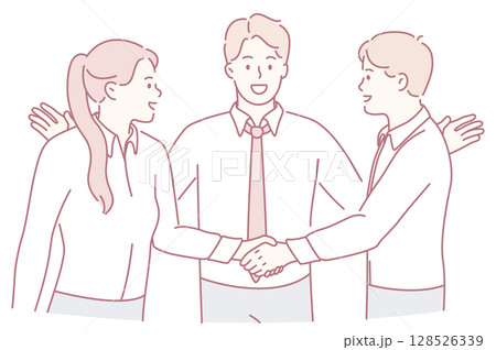 An artistic illustration of a business partnership handshake symbolizing collaboration and unity 128526339