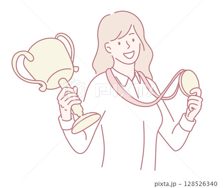 Celebrating a Remarkable Victory A Woman Proudly Holding a Trophy and Medal in Triumph 128526340