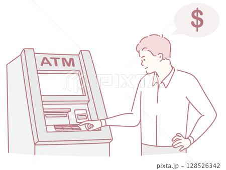 An individual is utilizing an automated teller machine ATM to withdraw cash from their account 128526342