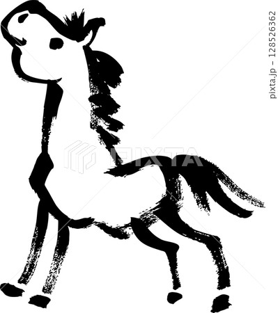 筆で手描きしたかわいい墨絵の馬イラストのイラスト素材 [128526362
