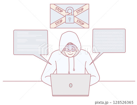 Cybersecurity Threat Alert A Hacker is Actively Working on Their Laptop Surrounded by Warning Signs Cybersecurity Threat Alert A Hacker is Actively Working on Their Laptop Surrounded by Warning Signs 128526365