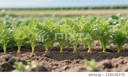 Fresh green carrot tops growing in neat rows in fertile soil on a sunny day, symbolizing organic farming and healthy agriculture. 128526370