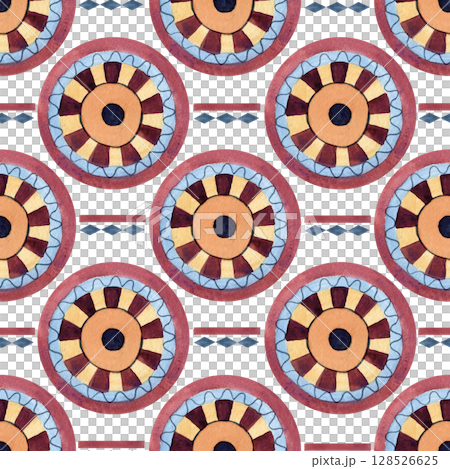 Ethnic seamless pattern, ancient symbols African culture, geometric abstract figures. Watercolor illustration isolated from background. Ornament round circle for textile, souvenir products, fabric Ethnic seamless pattern, ancient symbols African culture, geometric abstract figures. Watercolor illustration isolated from background. Ornament round circle for textile, souvenir products, fabric 128526625