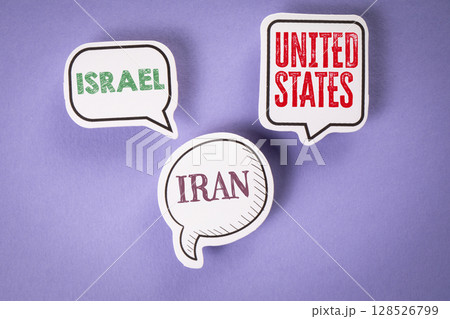 Geopolitical Tensions Between Israel, Iran, and the United States in Speech Bubbles Geopolitical Tensions Between Israel, Iran, and the United States in Speech Bubbles 128526799