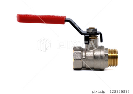 Brass ball valve with a red handle isolated on a white background. 128526855