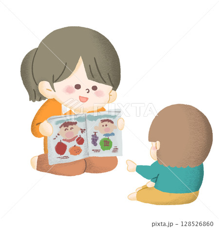 子どもに大人が絵本の読み聞かせをしているイラスト 128526860