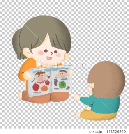 子どもに大人が絵本の読み聞かせをしているイラスト 128526860