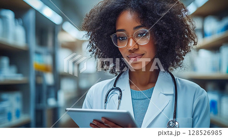 A young female pharmacist or doctor in a white coat and glasses, holding a tablet and working in a pharmacy or medical facility.	 128526985