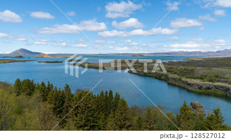 Tranquil summer view of Lake Myvatn in northern Iceland, with calm waters, volcanic terrain, and lush greenery under a bright blue sky. 128527012