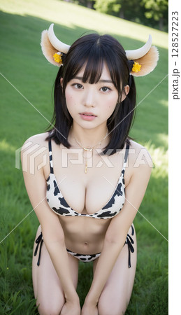 牧場の牛柄ビキニの女性 128527223