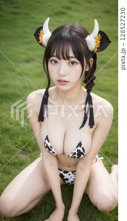 牧場の牛柄ビキニの女性 128527230