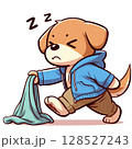 A dog dragging its feet and holding a blanket, sleepy expression 128527243