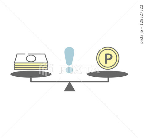 お金とポイントの価値差に注意を促す天秤のイラスト お金とポイントの価値差に注意を促す天秤のイラスト 128527522