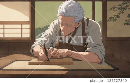 和室で木工に励む熟練職人 128527840